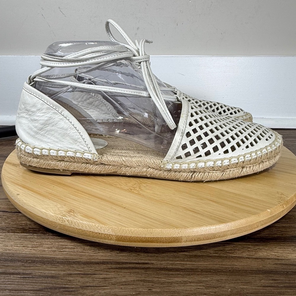 Frye Leo Perforated Ankle Wrap Leather Espadrilles Women 9.5M White Lace Up Boho